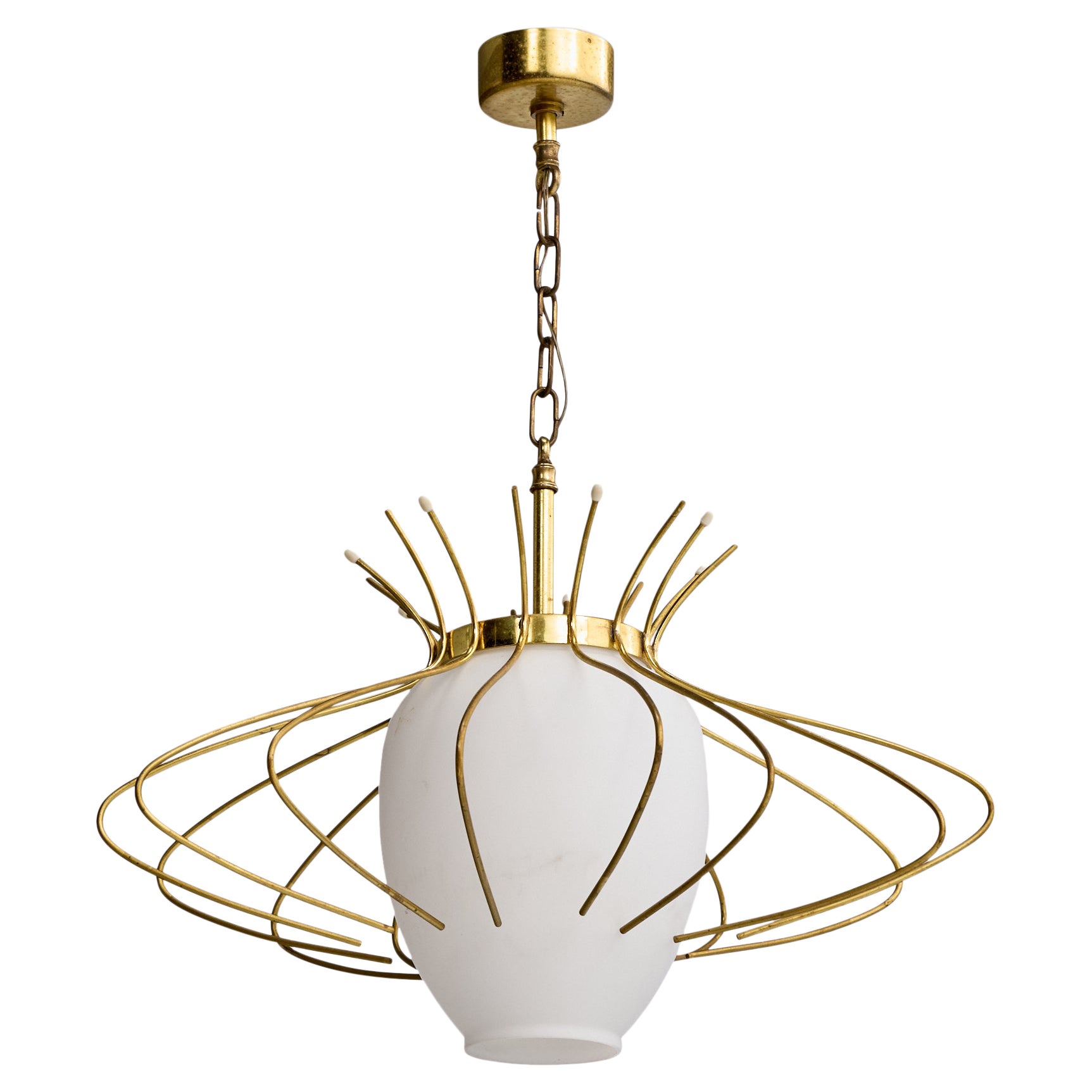 Designer francese, lampada a sospensione, ottone, vetro, Francia, anni '60