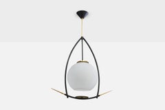 French Designer, Pendant Light, Brass, Metal, Glass, France, 1950s