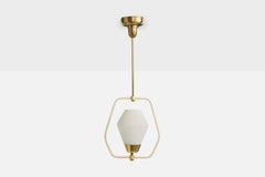 French Designer, Pendant Light, Brass, Metal, Glass, France, 1950s
