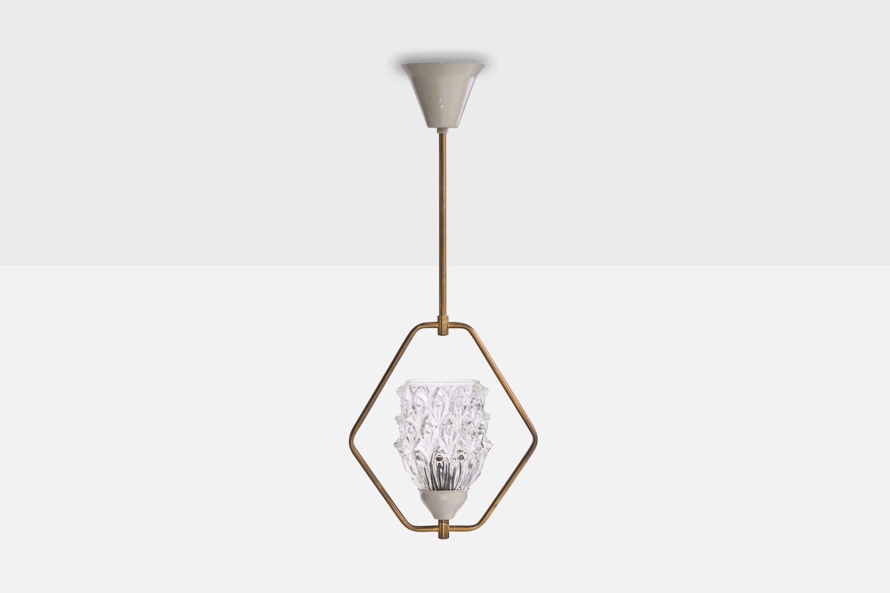 French Designer, Pendant Light, Brass, Metal, Glass, France, 1950s In Good Condition For Sale In High Point, NC