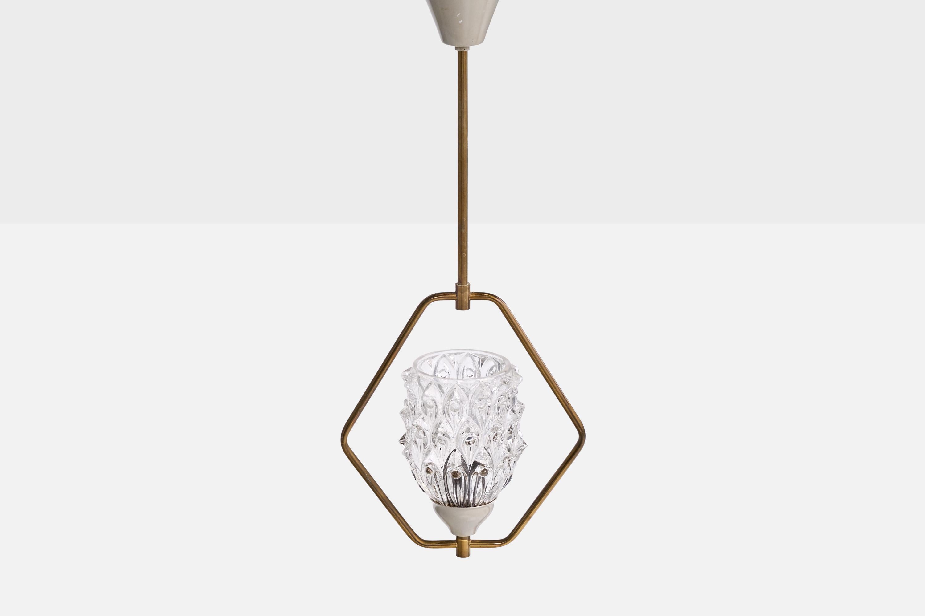 Mid-20th Century French Designer, Pendant Light, Brass, Metal, Glass, France, 1950s For Sale