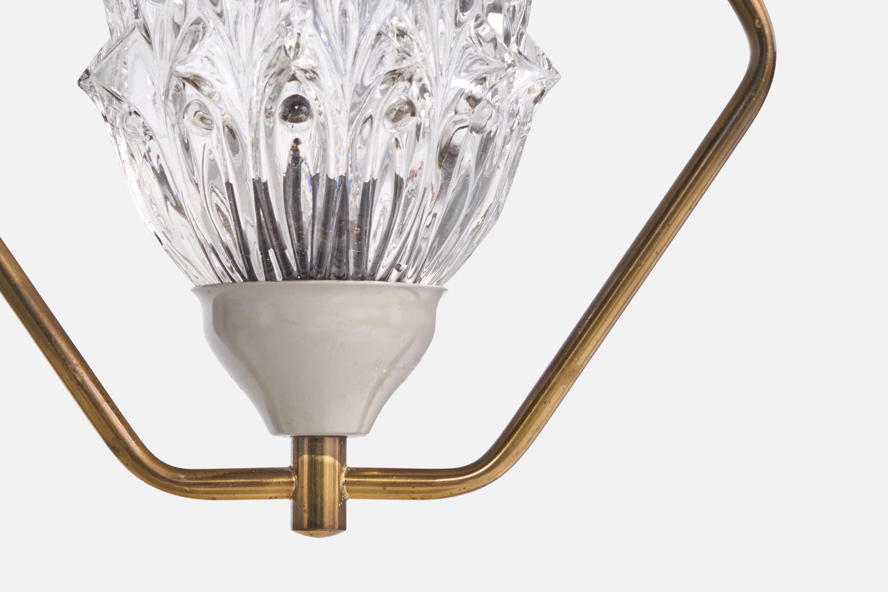 French Designer, Pendant Light, Brass, Metal, Glass, France, 1950s For Sale 2