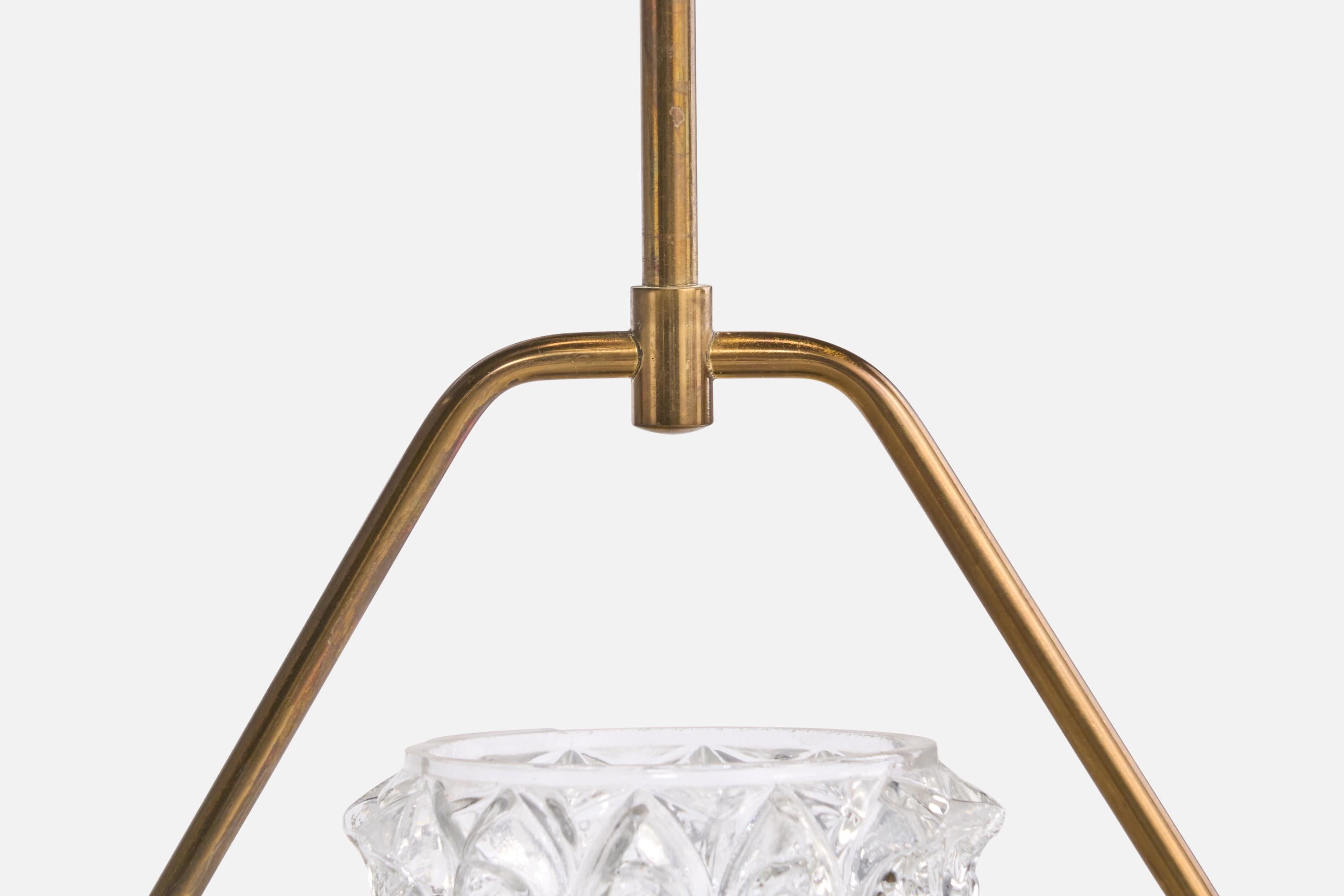 French Designer, Pendant Light, Brass, Metal, Glass, France, 1950s For Sale 4