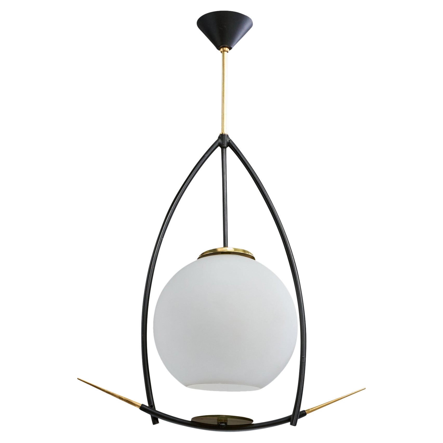 French Designer, Pendant Light, Brass, Metal, Glass, France, 1950s