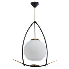 French Designer, Pendant Light, Brass, Metal, Glass, France, 1950s