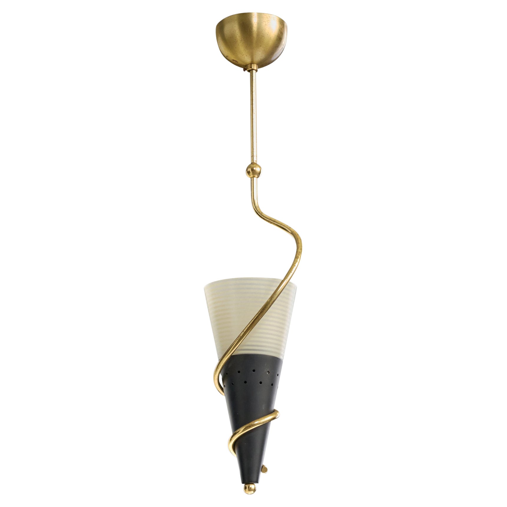 French Designer, Pendant Light, Brass, Metal, Glass, France, 1950s