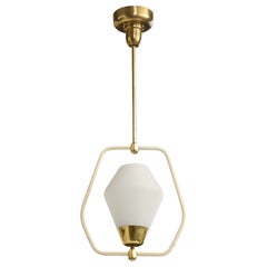 French Designer, Pendant Light, Brass, Metal, Glass, France, 1950s