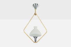 French Designer, Pendant Light, Brass, Metal, Glass, France, 1960s