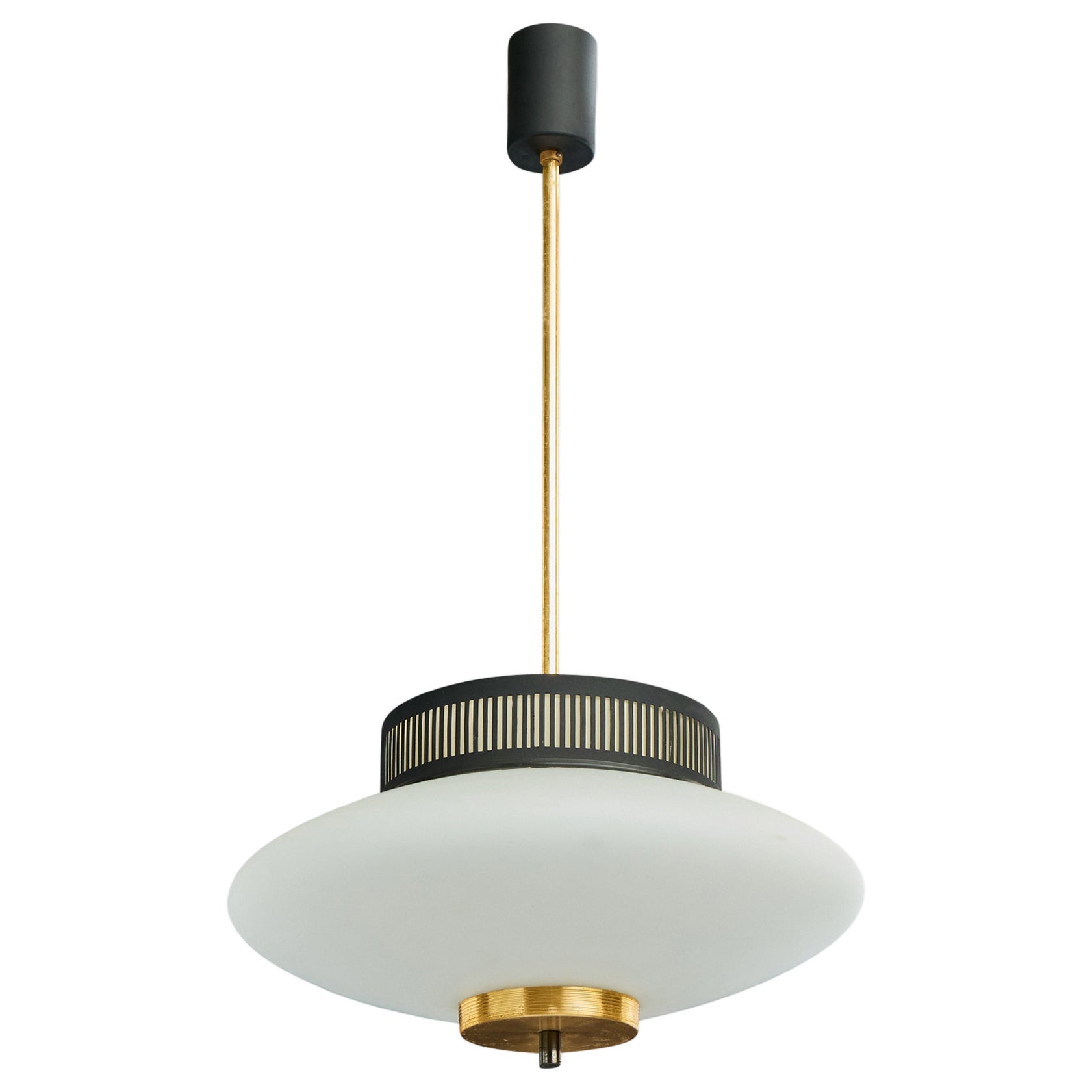 French Designer, Pendant Light, Brass, Metal, Glass, France, 1960s