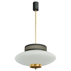 French Designer, Pendant Light, Brass, Metal, Glass, France, 1960s