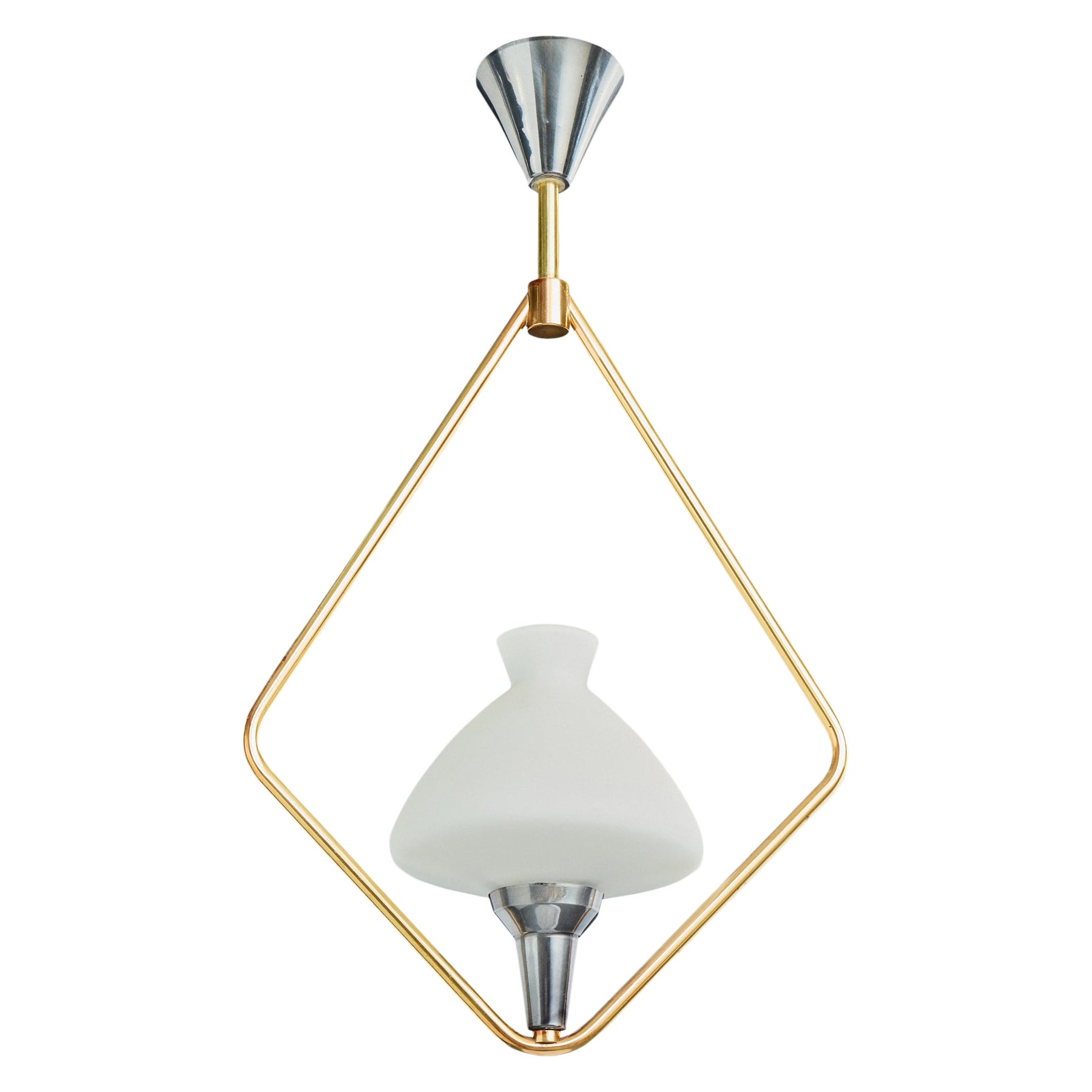 French Designer, Pendant Light, Brass, Metal, Glass, France, 1960s