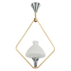 French Designer, Pendant Light, Brass, Metal, Glass, France, 1960s