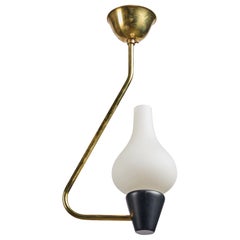 Diseñador francés, lámpara colgante, latón, madera, cristal, Francia, década de 1960