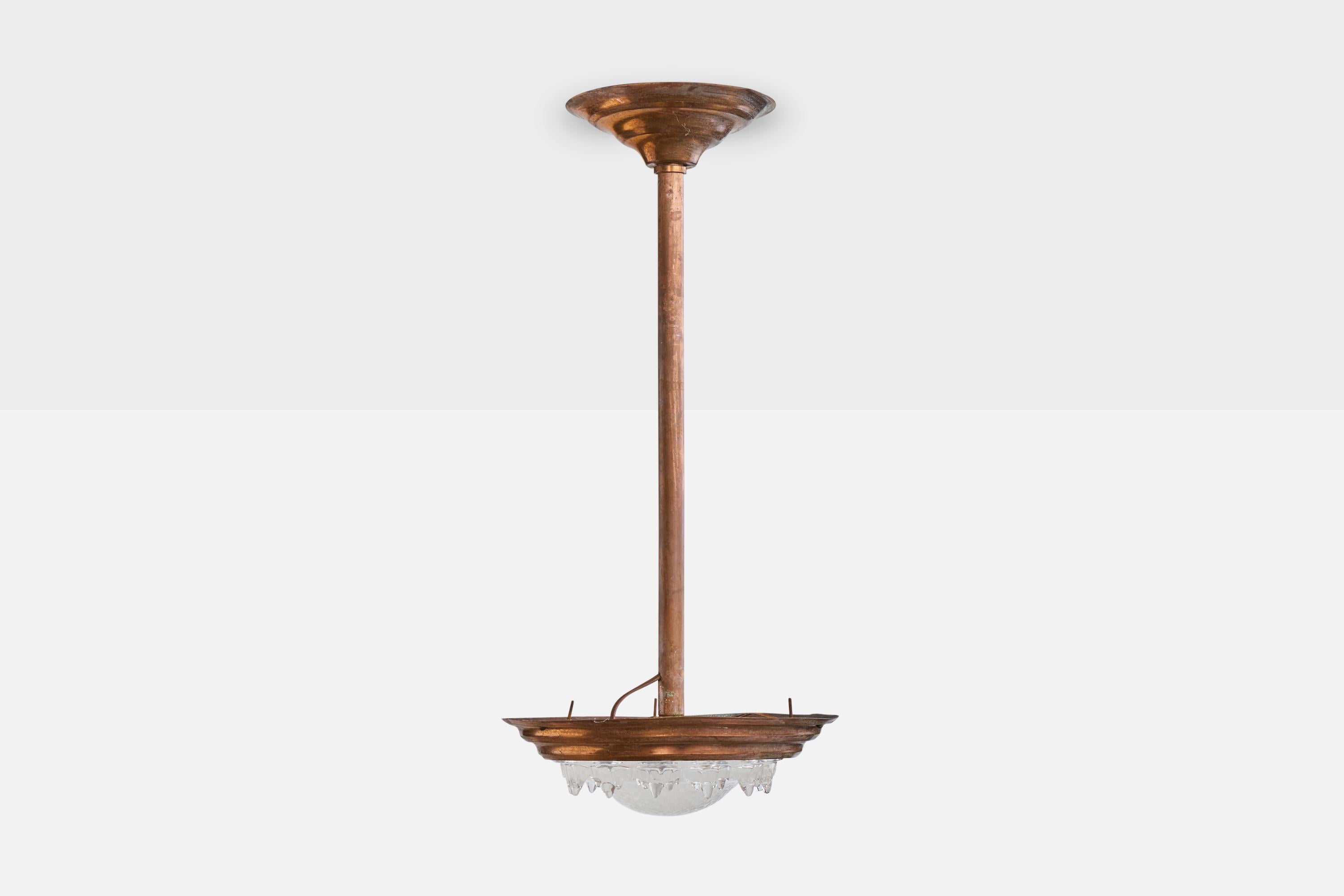 Mid-Century moderno Designer francese, lampada a sospensione, rame, vetro, Francia, anni '30 in vendita