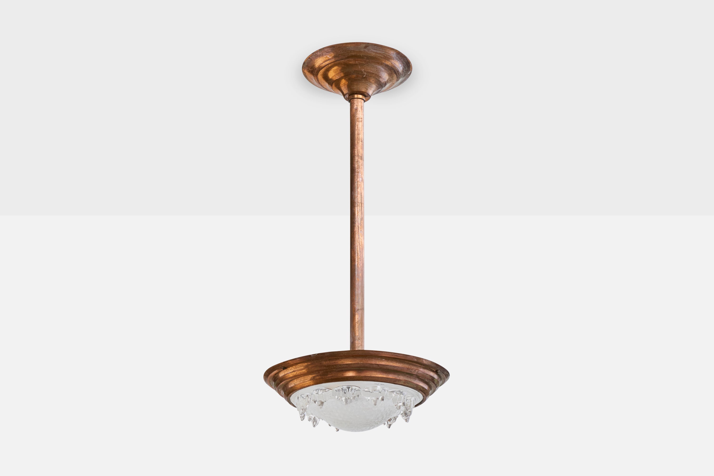 Designer francese, lampada a sospensione, rame, vetro, Francia, anni '30