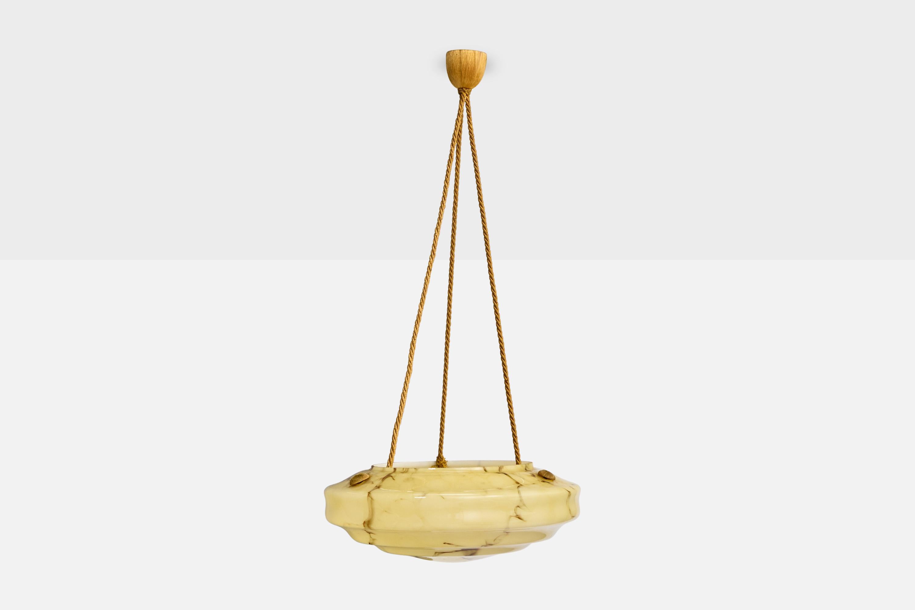 Francese Designer francese, lampada a sospensione, tessuto, vetro, Francia, anni '30 in vendita