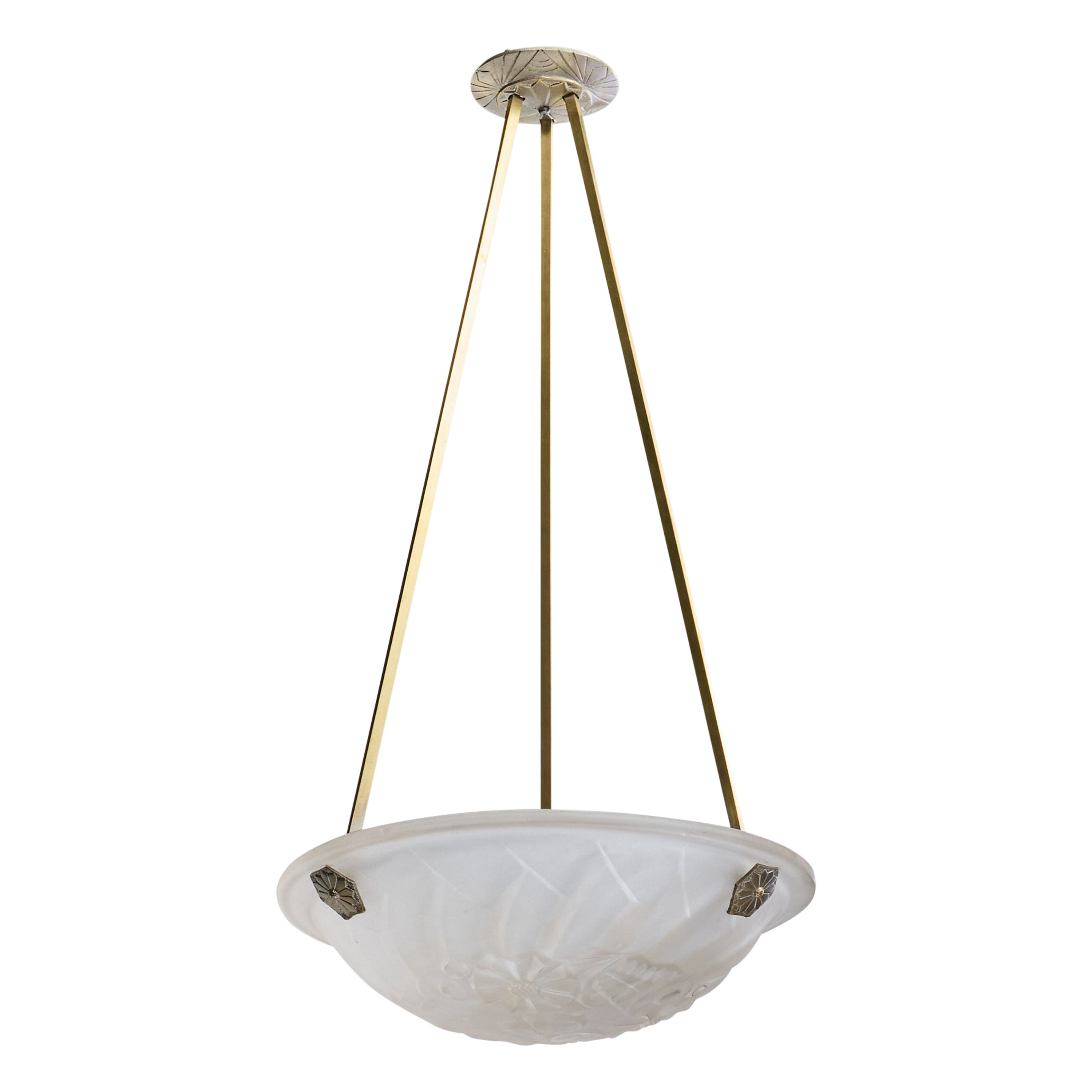 Designer francese, lampada a sospensione, vetro, ottone, Francia, anni '30