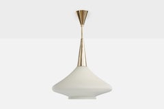 French Designer, Pendant Light, Glass, Brass, France, 1950s