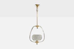 French Designer, Pendant Light, Glass, Brass, France, 1950s