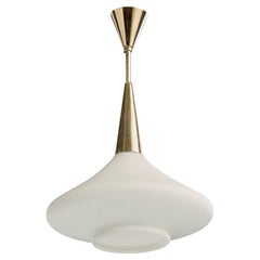 French Designer, Pendant Light, Glass, Brass, France, 1950s