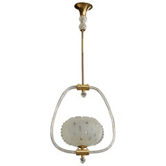 French Designer, Pendant Light, Glass, Brass, France, 1950s