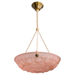 French Designer, Pendant Light, Glass, Brass, Rope, France, 1930s