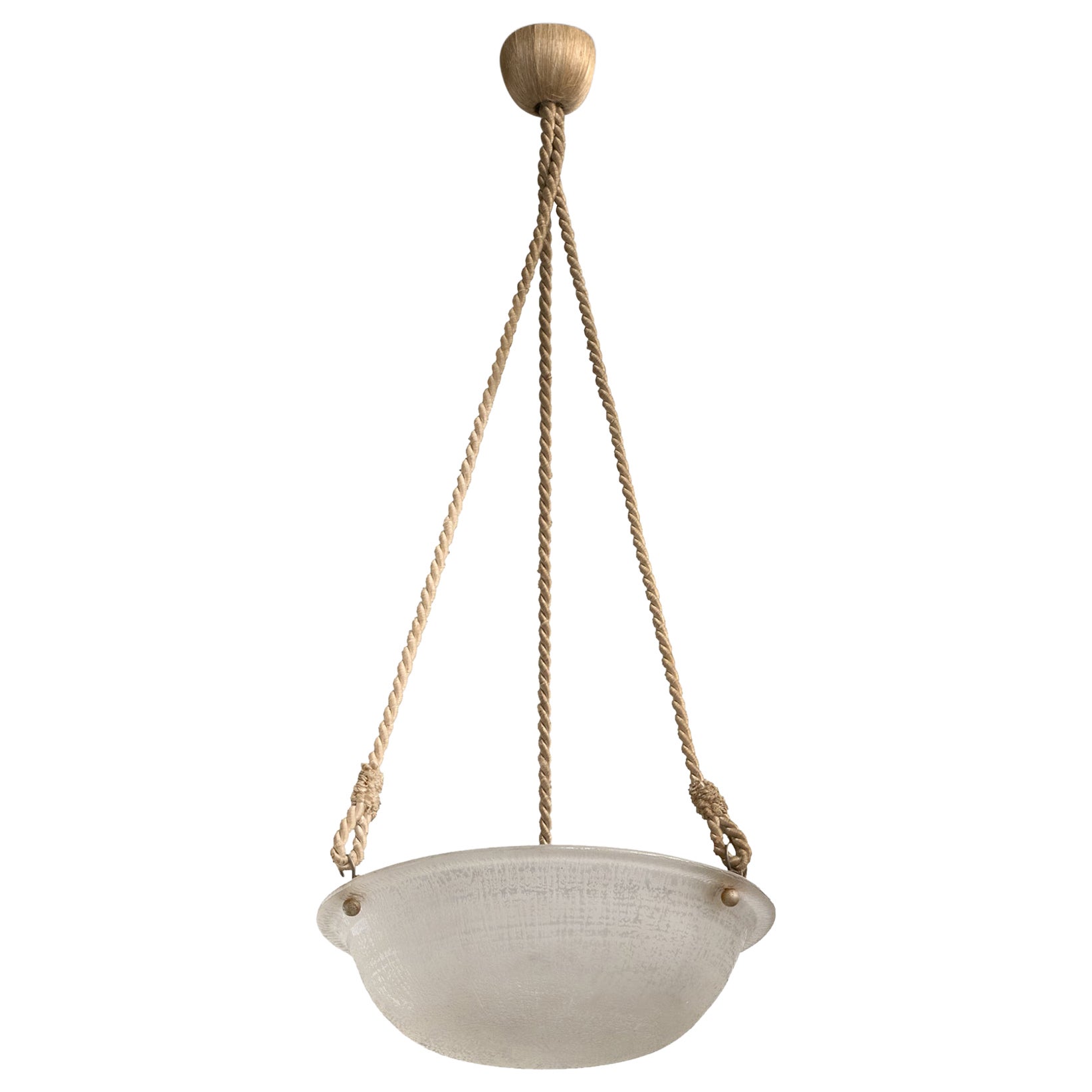 French Designer, Pendant Light, Glass, Brass, Rope, France, 1930s