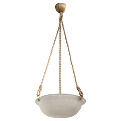 French Designer, Pendant Light, Glass, Brass, Rope, France, 1930s