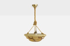 French Designer, Pendant Light, Glass, Brass, Rope, France, 1940s