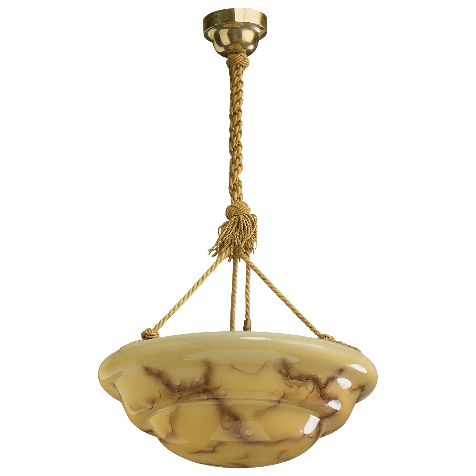 Französischer Designer, Pendelleuchte, Glas, Messing, Seil, Frankreich, 1940er Jahre
