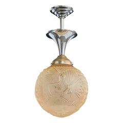 French Designer, Pendant Light, Glass, Chrome, France, 1930s
