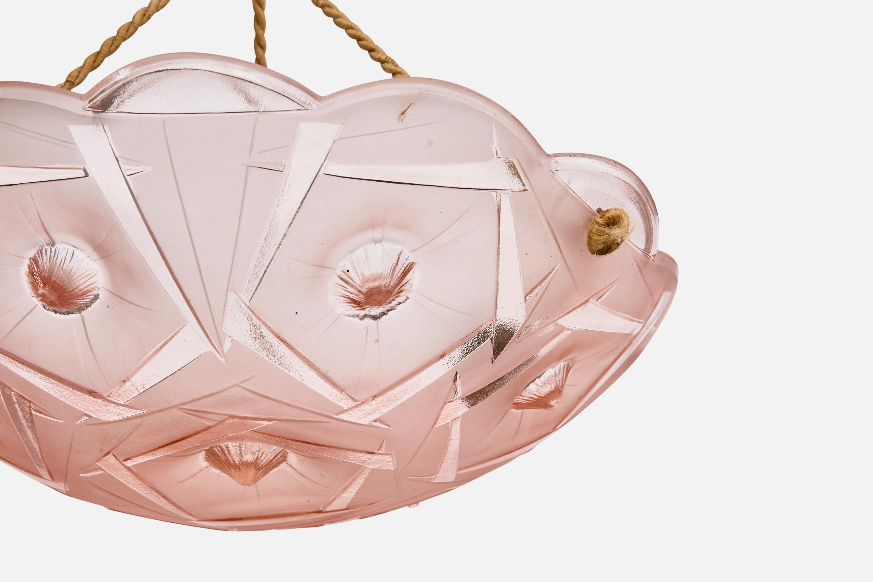 Designer francese, lampada a sospensione, vetro, tessuto, Francia, anni '40 in vendita 1