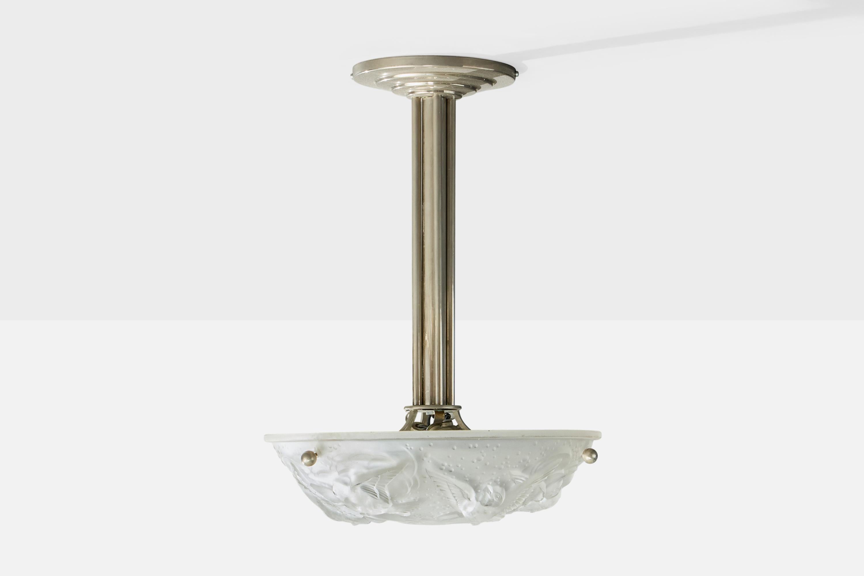 Mid-Century moderno Designer francese, lampada a sospensione, vetro, metallo, Francia, anni '1930 in vendita