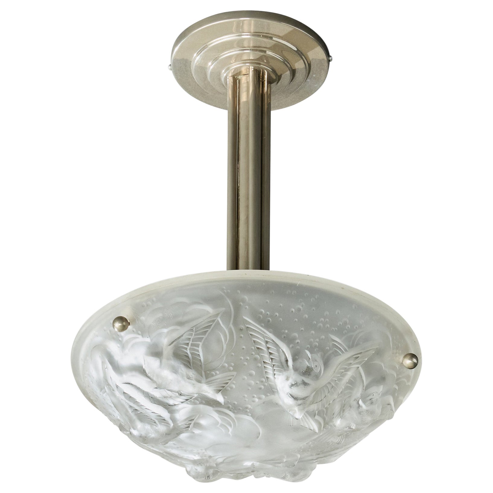 French Designer, Pendant Light, Glass, Metal, France, 1930s