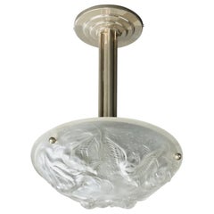 French Designer, Pendant Light, Glass, Metal, France, 1930s