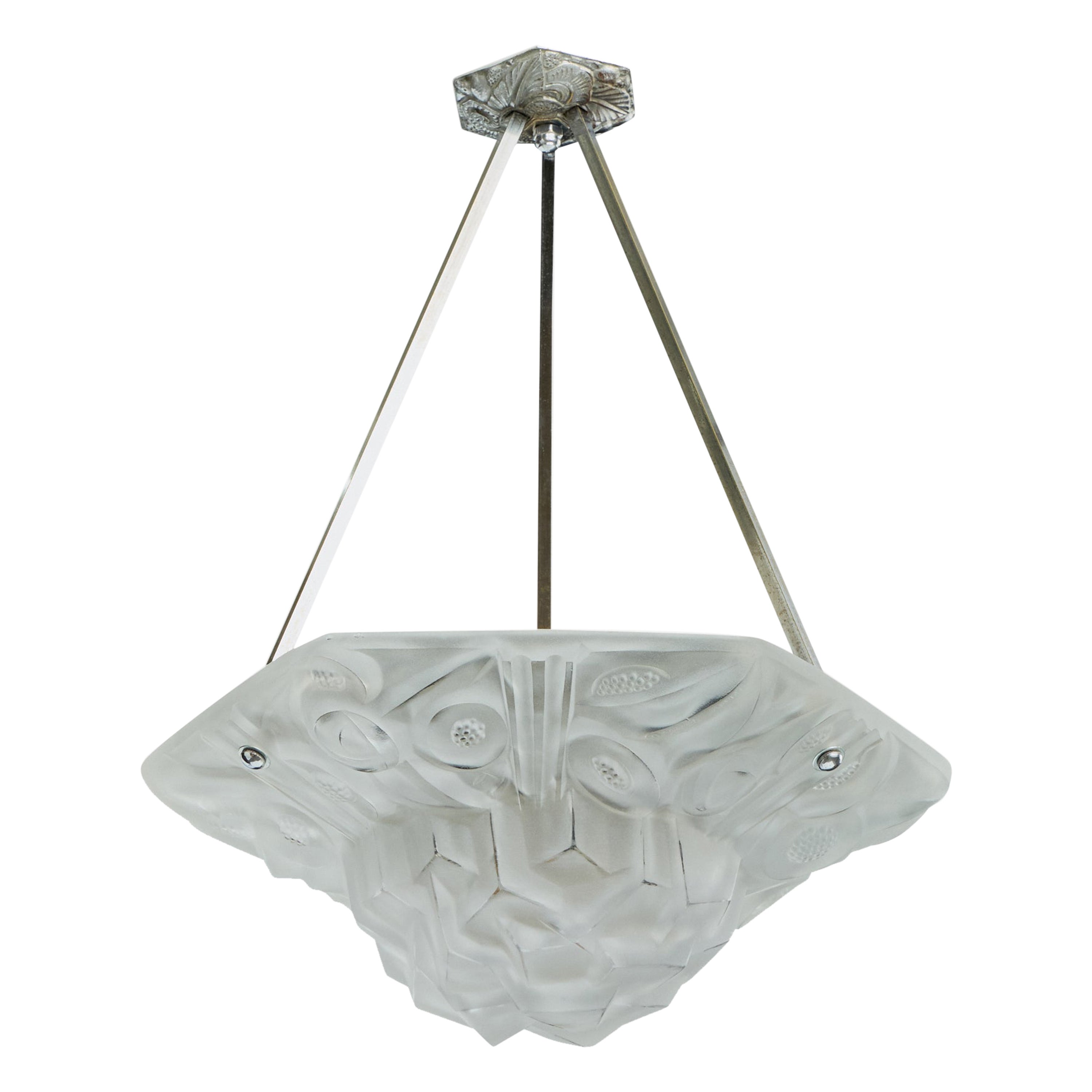 French Designer, Pendant Light, Glass, Metal, France, 1930s im Angebot