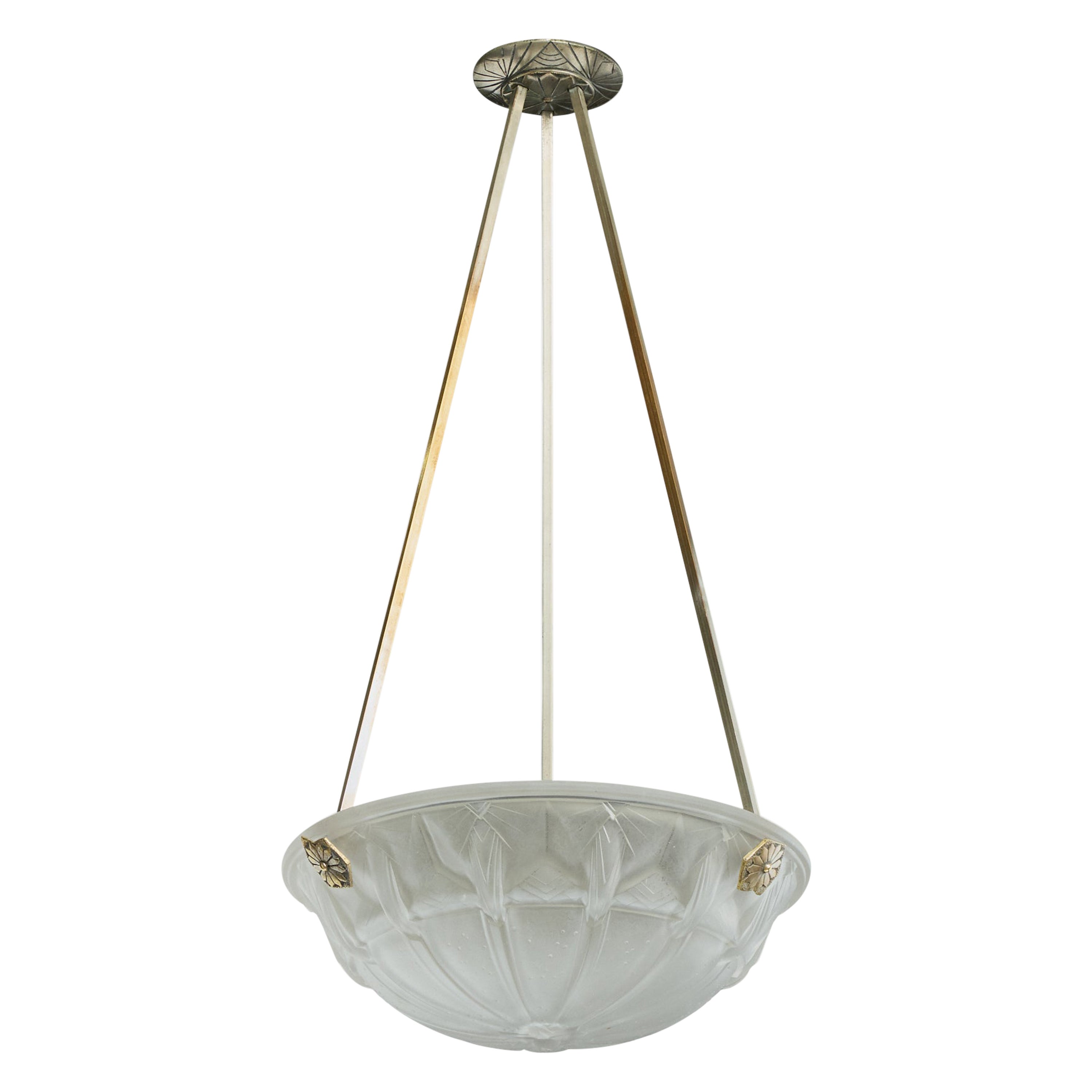 French Designer, Pendant Light, Glass, Metal, France, 1930s