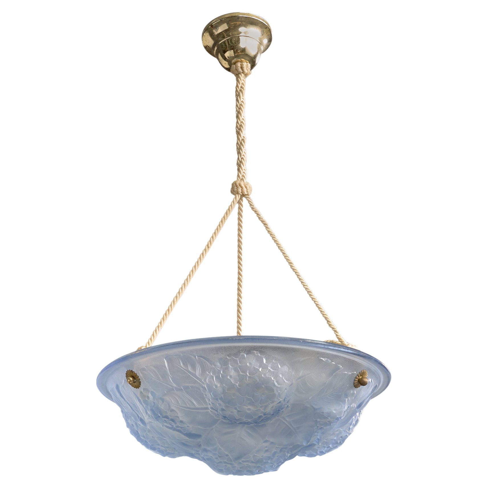 Französischer Designer, Pendelleuchte, Glas, Metall, Seil, Frankreich, 1930er Jahre