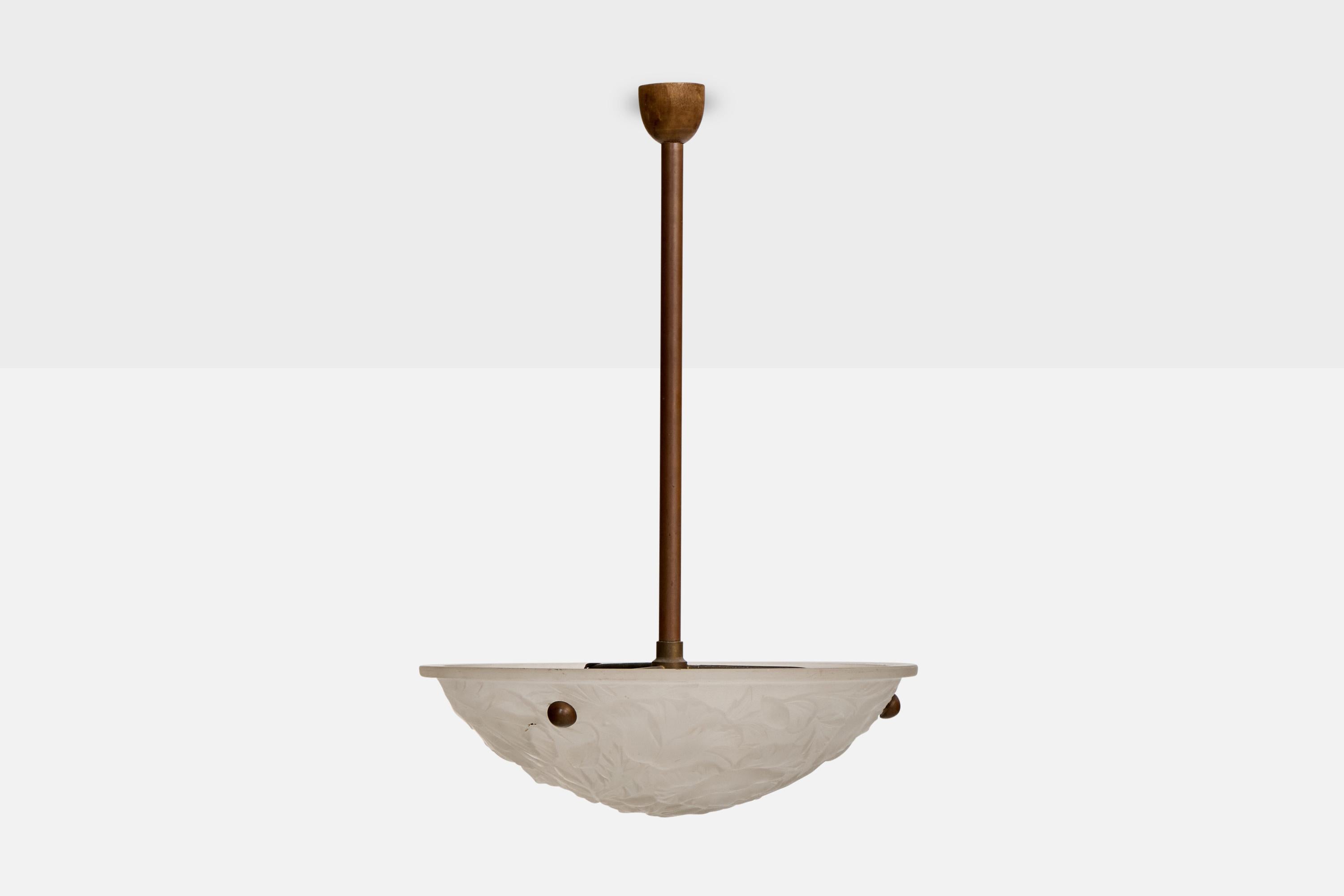 Francese Designer francese, Lampada a sospensione, Vetro, Metallo, Legno, Francia, anni '30 in vendita