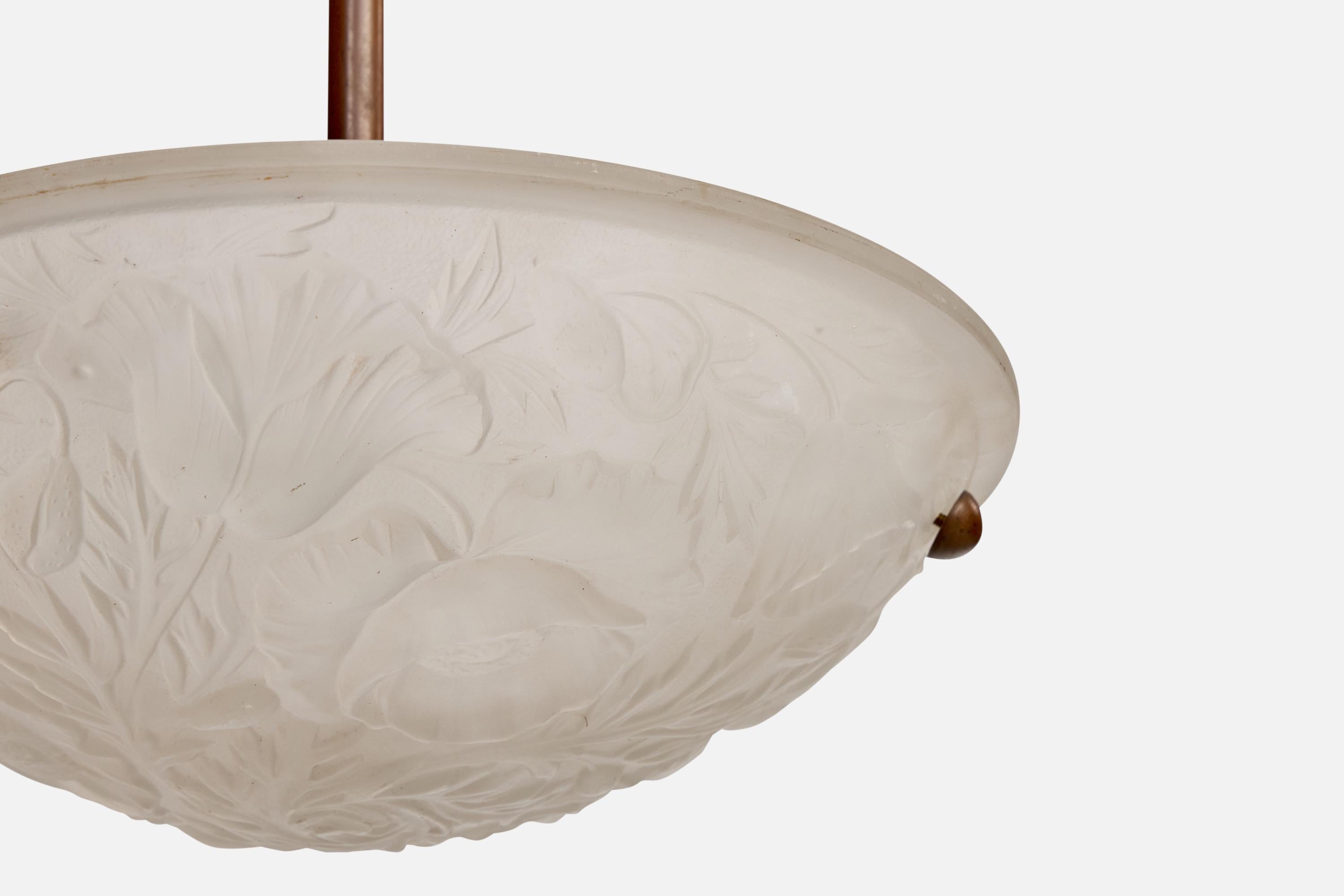 Metà XX secolo Designer francese, Lampada a sospensione, Vetro, Metallo, Legno, Francia, anni '30 in vendita
