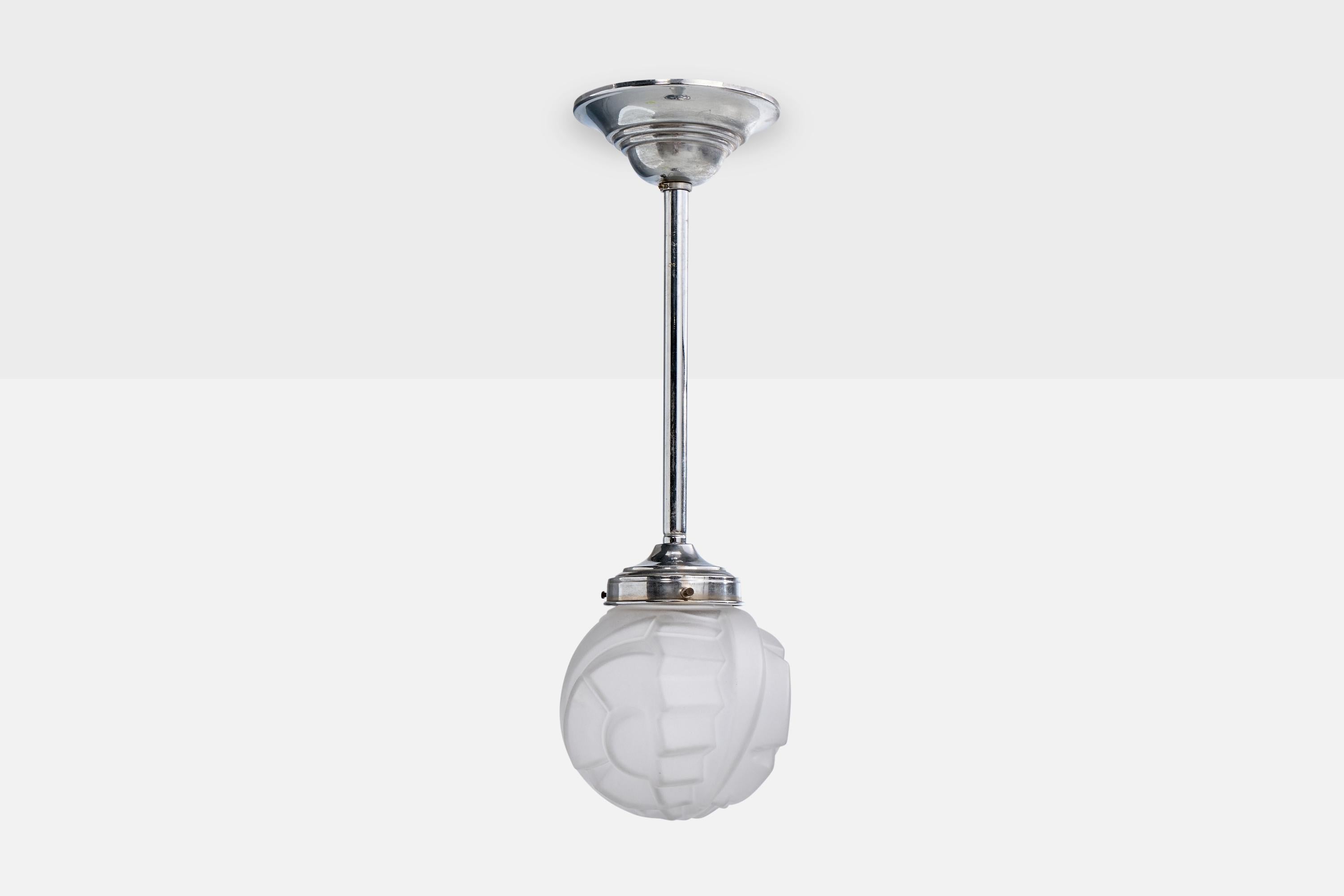 Französischer Designer, Pendelleuchte, Glas, Nickel, Frankreich, 1930er Jahre im Zustand „Gut“ im Angebot in High Point, NC
