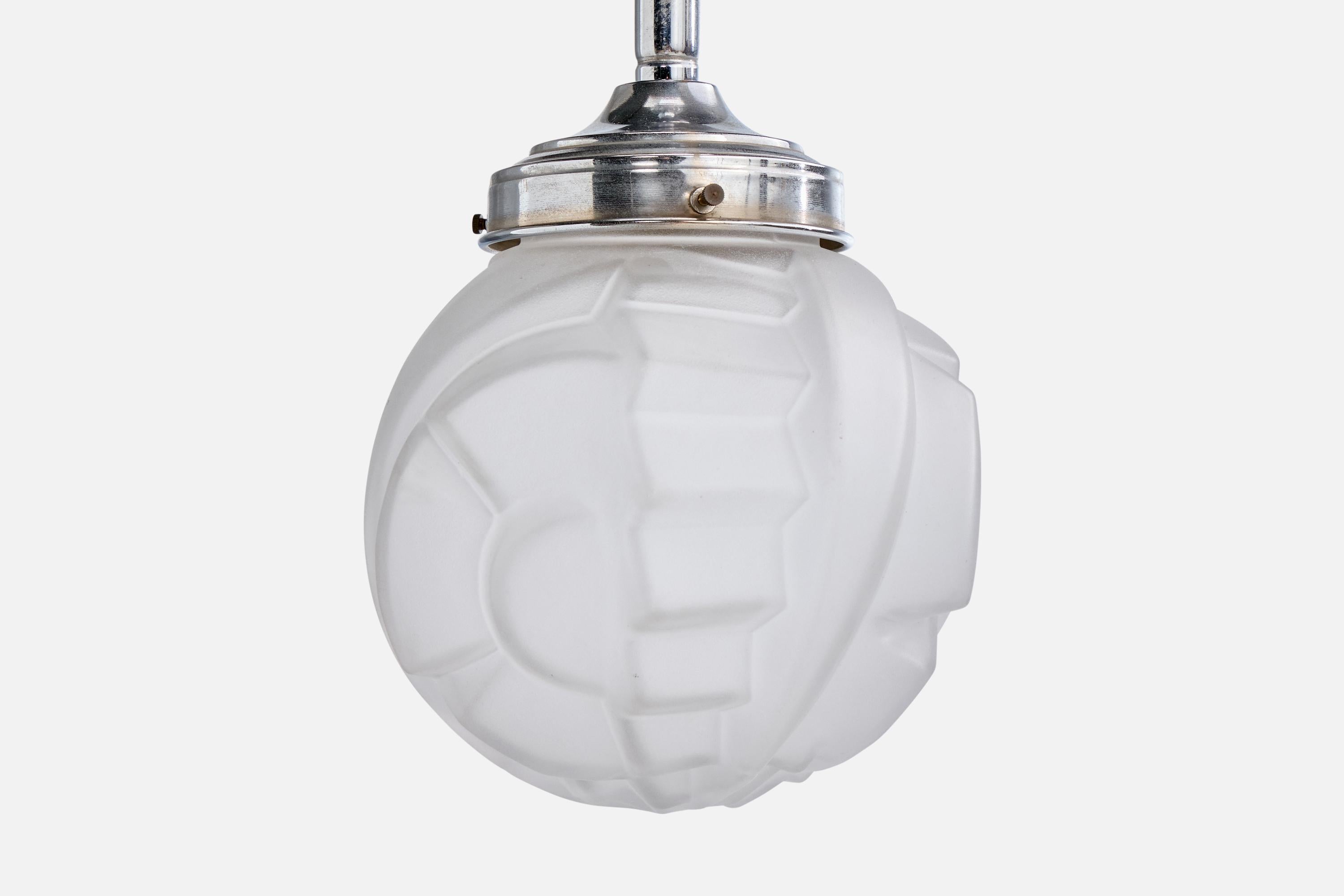 Französischer Designer, Pendelleuchte, Glas, Nickel, Frankreich, 1930er Jahre im Angebot 1