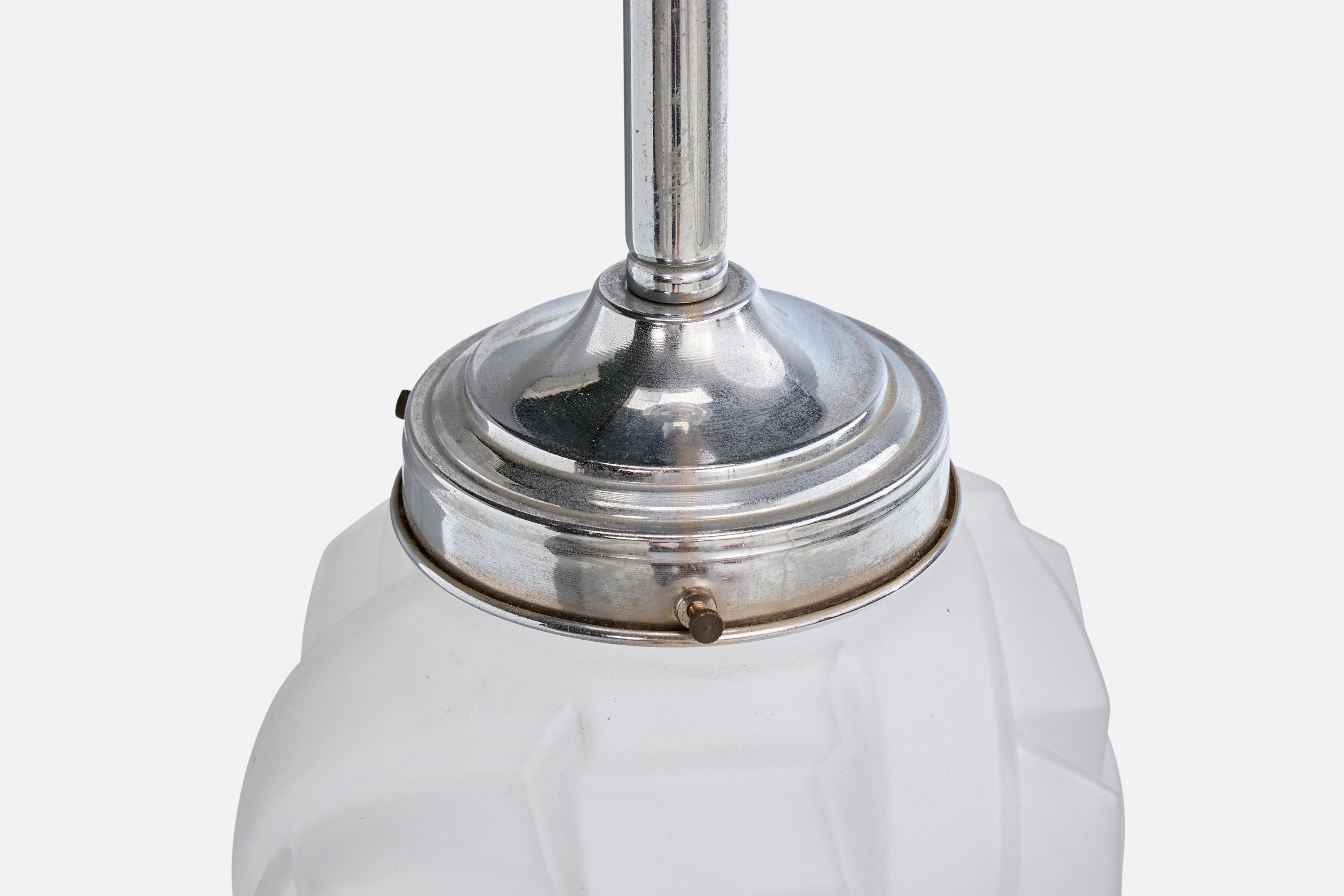 Französischer Designer, Pendelleuchte, Glas, Nickel, Frankreich, 1930er Jahre im Angebot 3