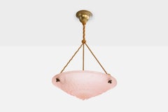 French Designer, Pendant Light, Glass, Rope, Brass, France, 1930s