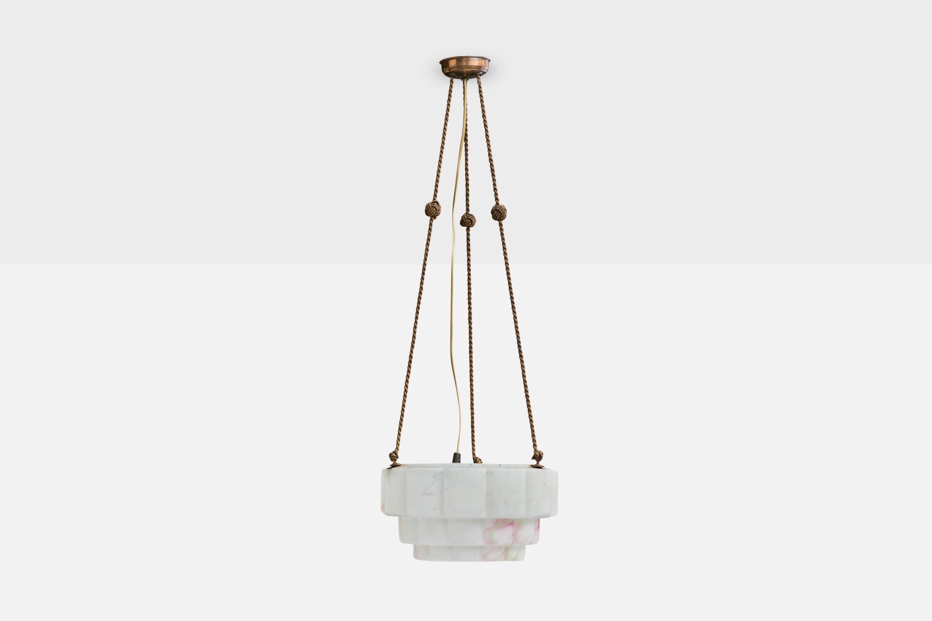 Mid-Century moderno Designer francese, lampada a sospensione, vetro, corda, ottone, Francia, anni '30 in vendita