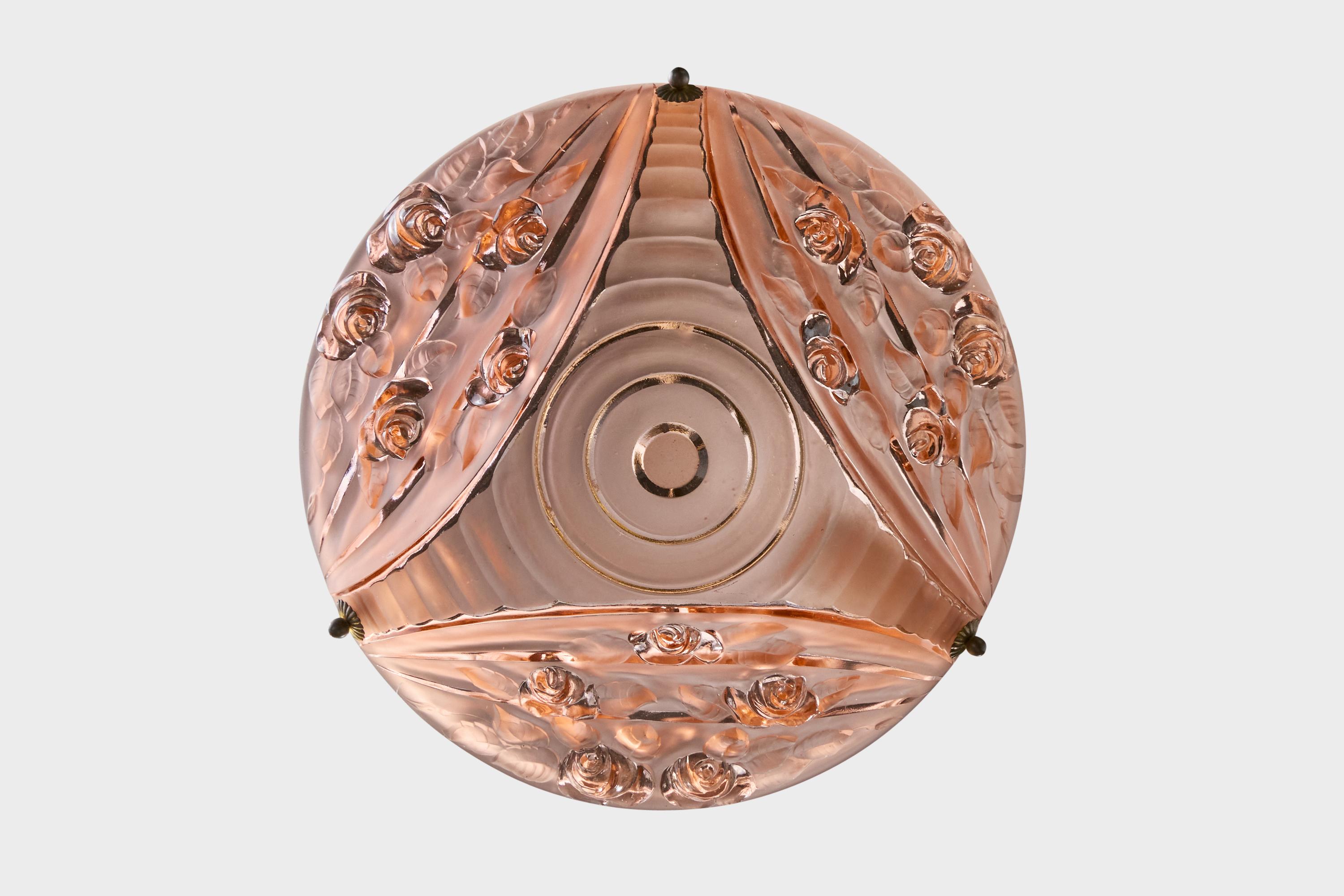 Francese Designer francese, lampada a sospensione, vetro, corda, ottone, Francia, anni '30 in vendita