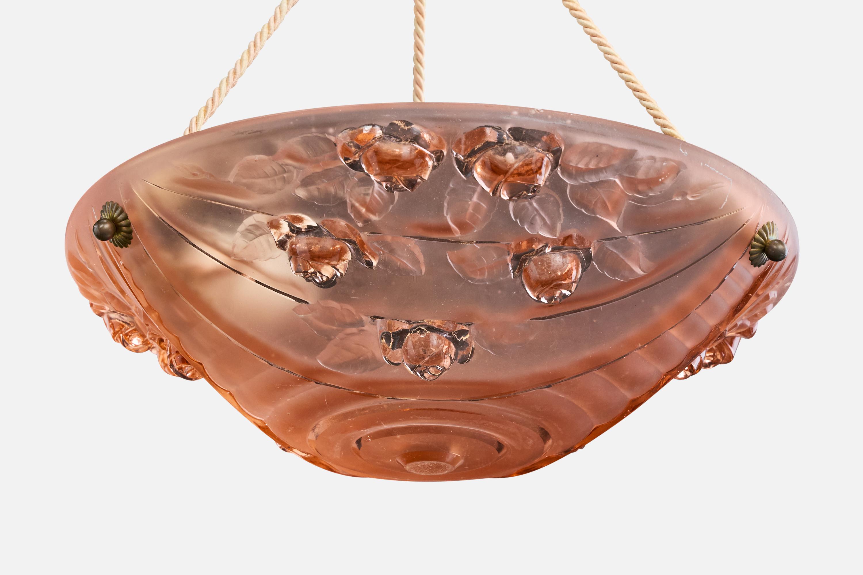 Designer francese, lampada a sospensione, vetro, corda, ottone, Francia, anni '30 In condizioni buone in vendita a High Point, NC