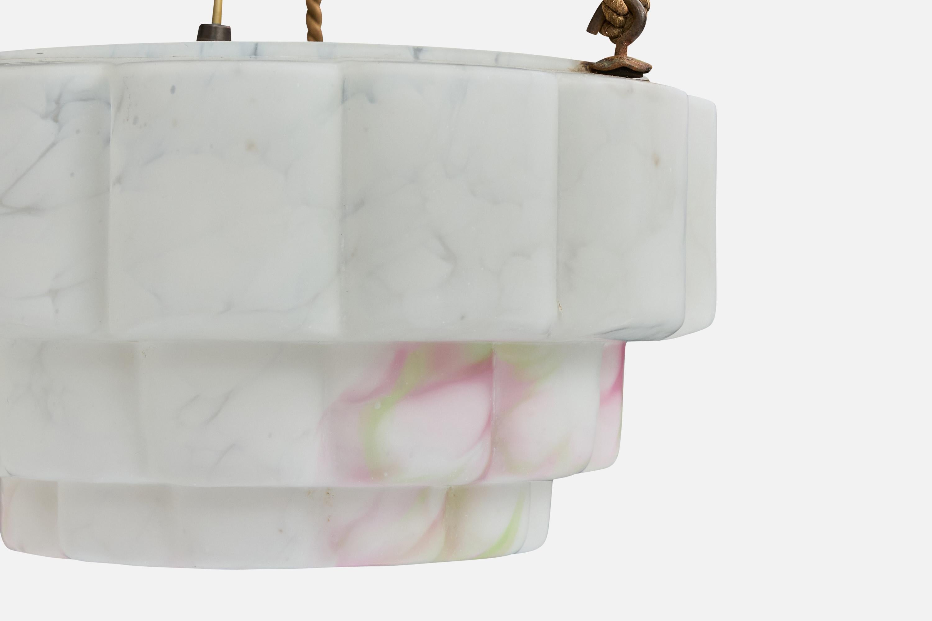 Metà XX secolo Designer francese, lampada a sospensione, vetro, corda, ottone, Francia, anni '30 in vendita