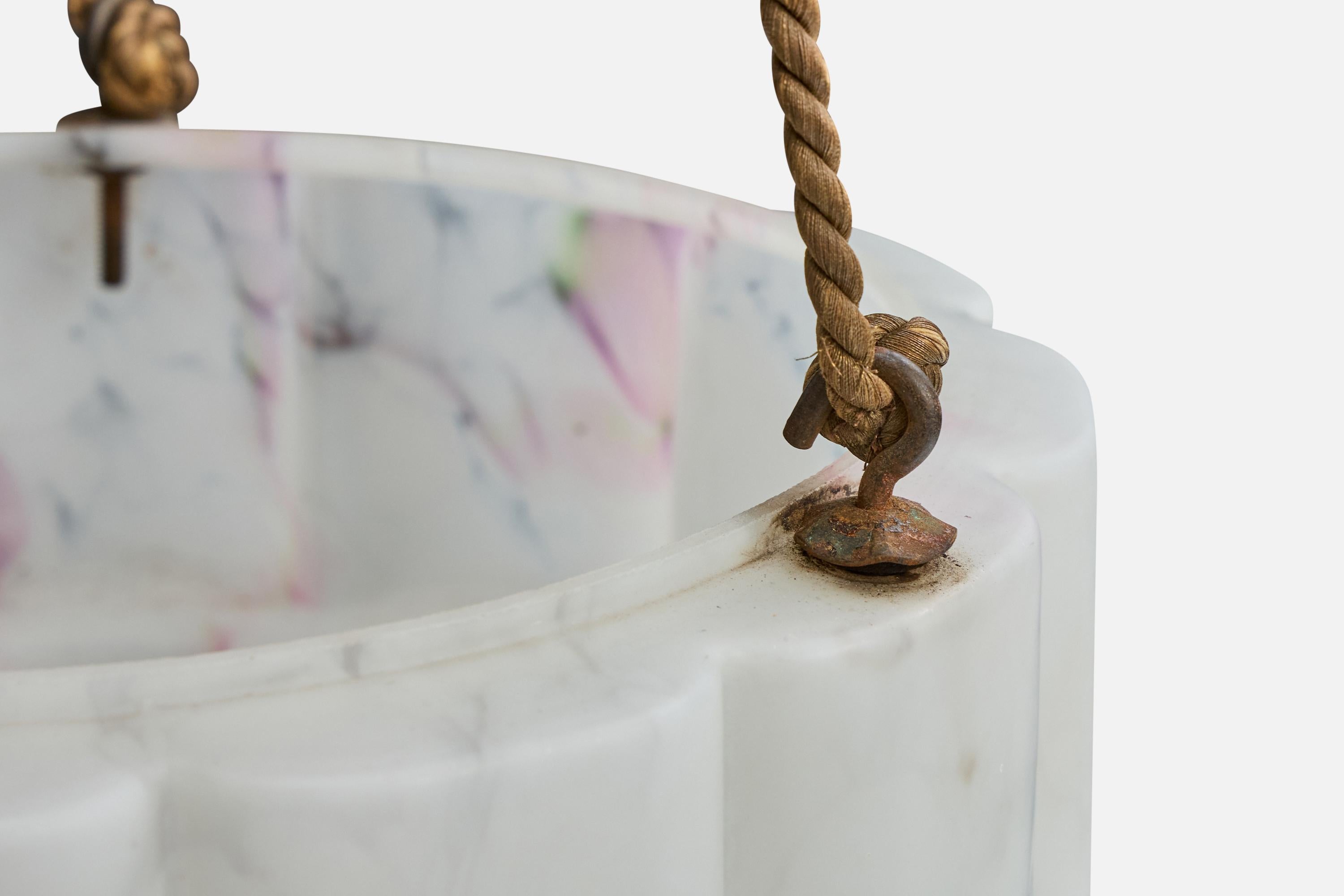 Ottone Designer francese, lampada a sospensione, vetro, corda, ottone, Francia, anni '30 in vendita