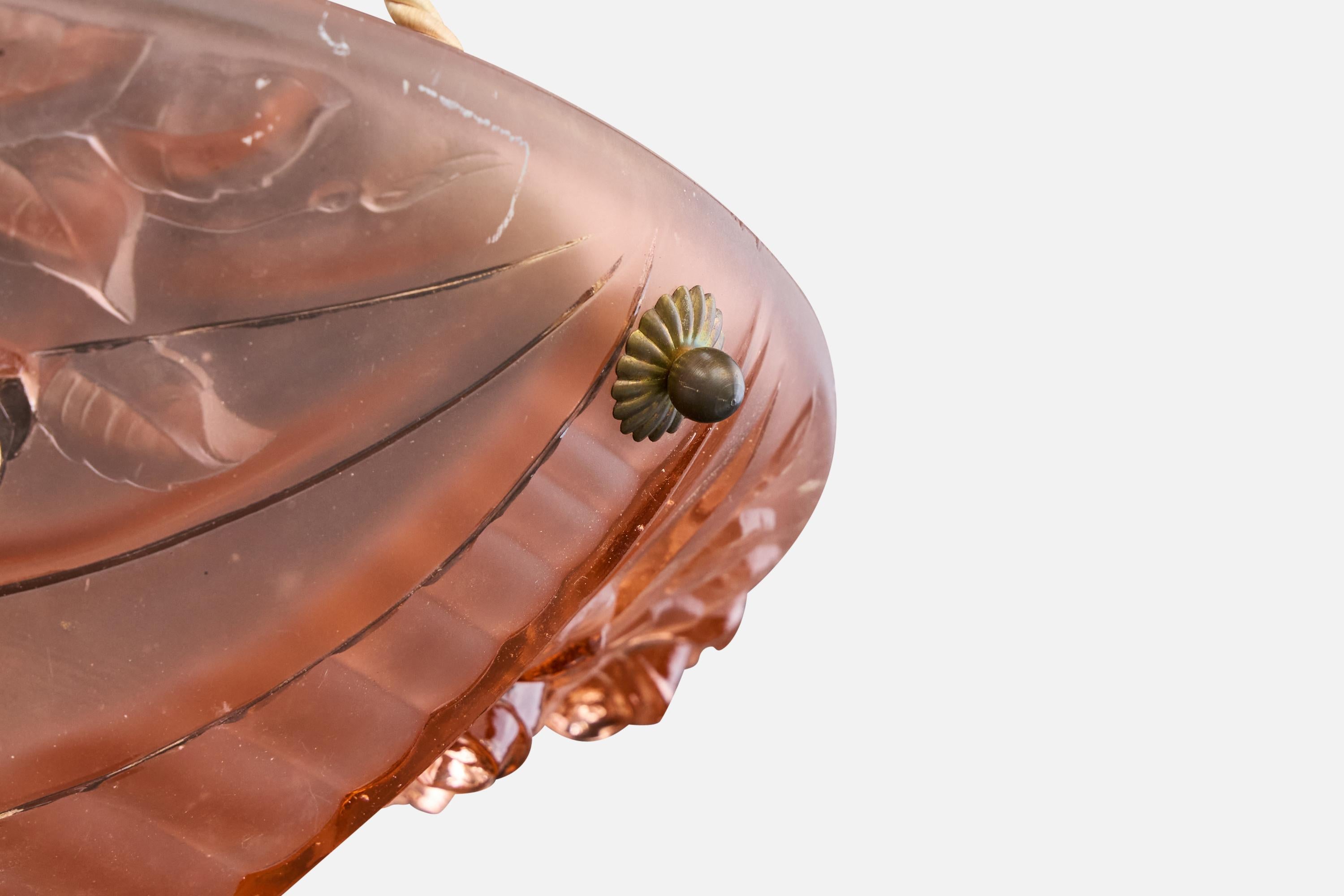 Ottone Designer francese, lampada a sospensione, vetro, corda, ottone, Francia, anni '30 in vendita